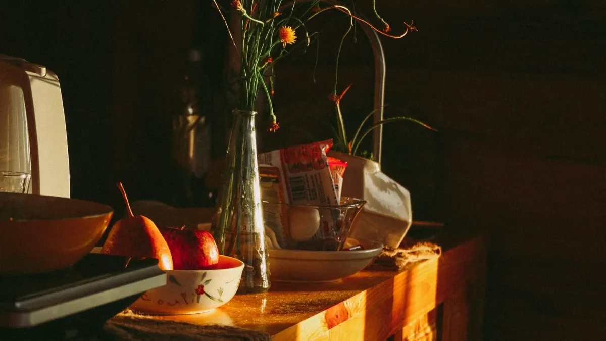 A dog eating from a stainless steel bowl in a sunlit kitchen