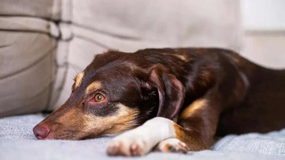 A dog wearing a snug pressure wrap sitting calmly on a couch