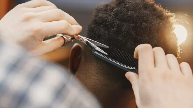 A groomer gently trimming the fur around a small dog's eyes with rounded-tip scissors