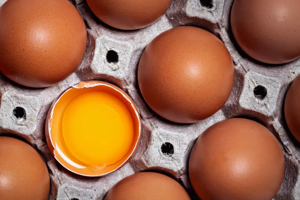 A raw cracked egg next to a portion of fully cooked scrambled egg