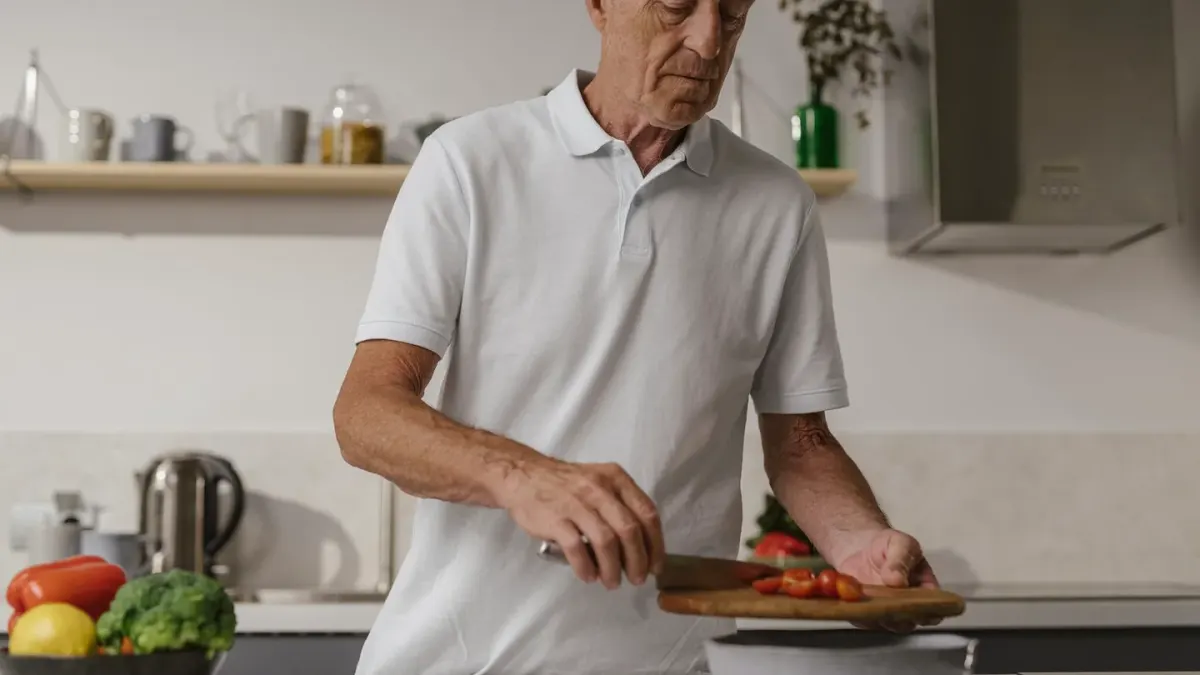 A senior dog eating from a raised bowl in a home kitchen