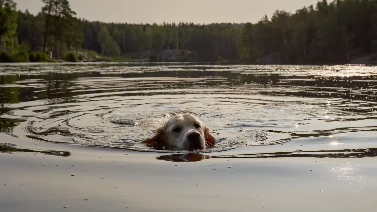 A senior golden retriever wearing a life vest while swimming in a pool