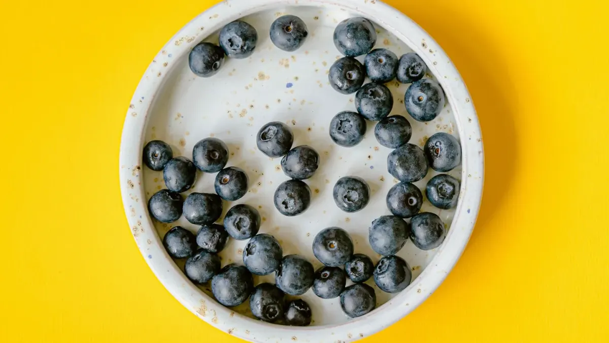A small pile of fresh blueberries next to a dog's bowl on a kitchen counter