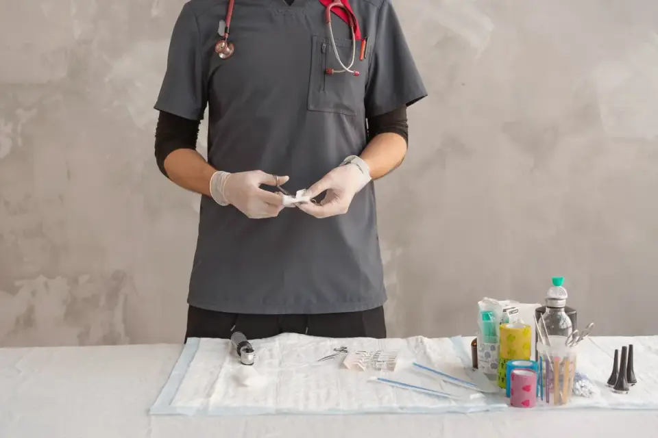 Veterinarian examining a supplement bottle label with a dog nearby