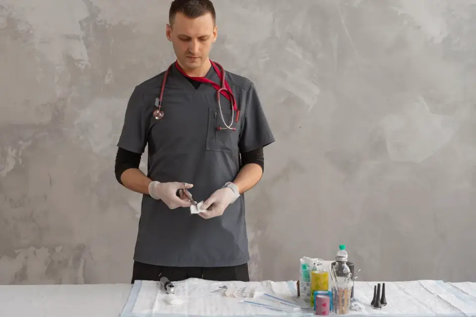 Veterinarian reading a supplement label while a dog waits on the exam table